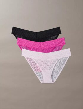 Bikini z niskim stanem z koronką i logo Icon, 3 sztuki w opakowaniu