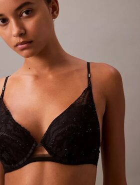 CK Black Push-Up biustonosz z głębokim dekoltem i kwiatową koronką