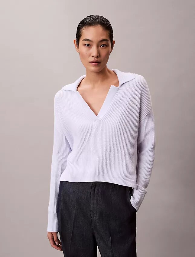 Gładki, luźny sweter polo z bawełny Gładki, luźny sweter polo z bawełny