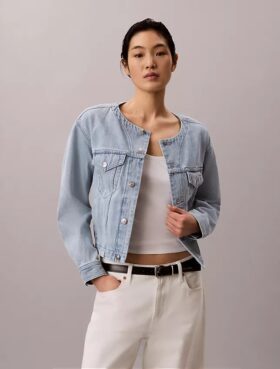 Krótka Denim Trucker Jacket bez kołnierza