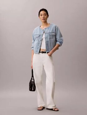 Krótka Denim Trucker Jacket bez kołnierza
