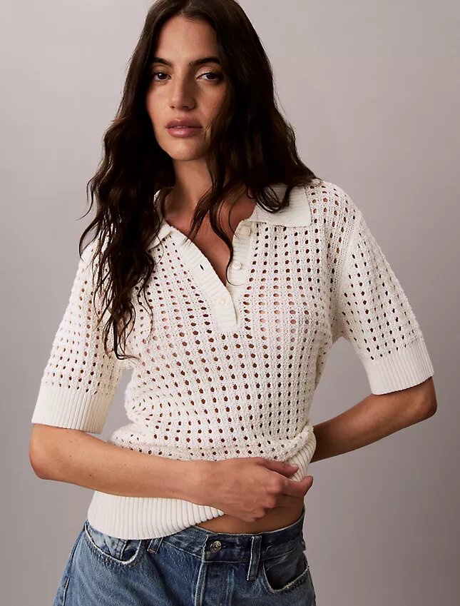 Sweter polo z dzianiny o otwartym splocie Sweter polo z dzianiny o otwartym splocie