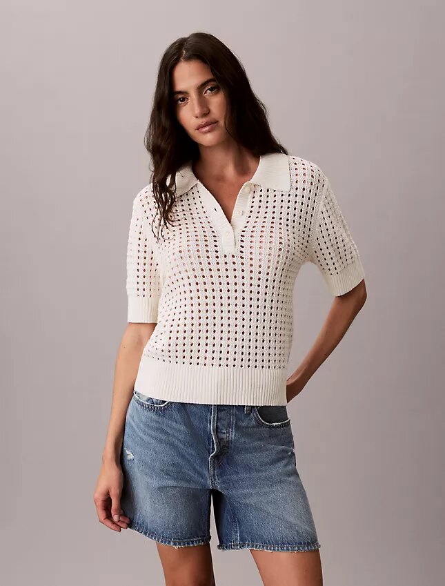 Sweter polo z dzianiny o otwartym splocie Sweter polo z dzianiny o otwartym splocie