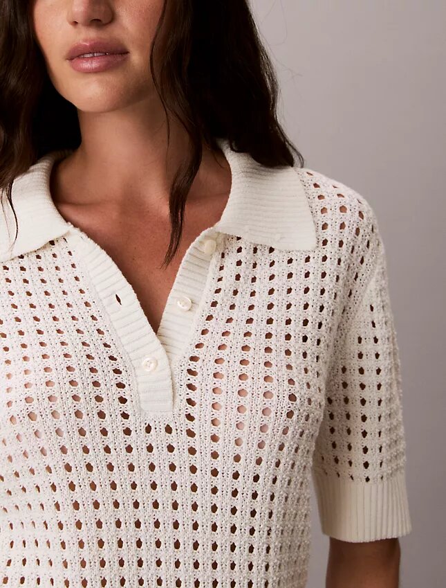 Sweter polo z dzianiny o otwartym splocie Sweter polo z dzianiny o otwartym splocie