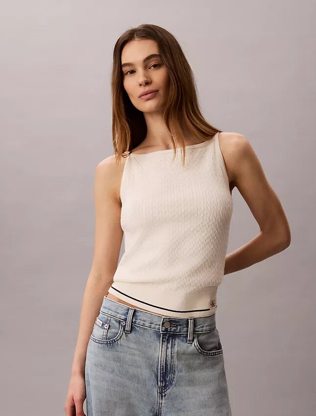 Tkaninowy top z dzianiny typu cable knit z logo Monologo Tkaninowy top z dzianiny typu cable knit z logo Monologo